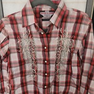 Brooks & Dunn Red Plaid Embroidered Snap Front Shirt